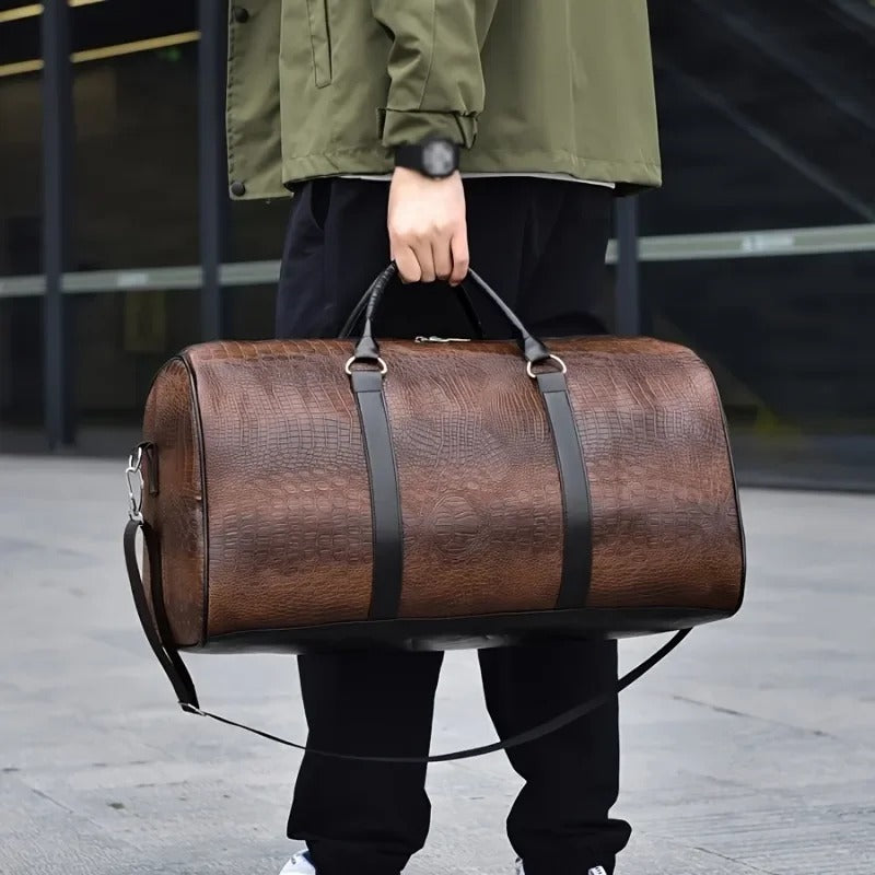 Large Capacity Retro Crocodile-Textured Travel Duffel Bag