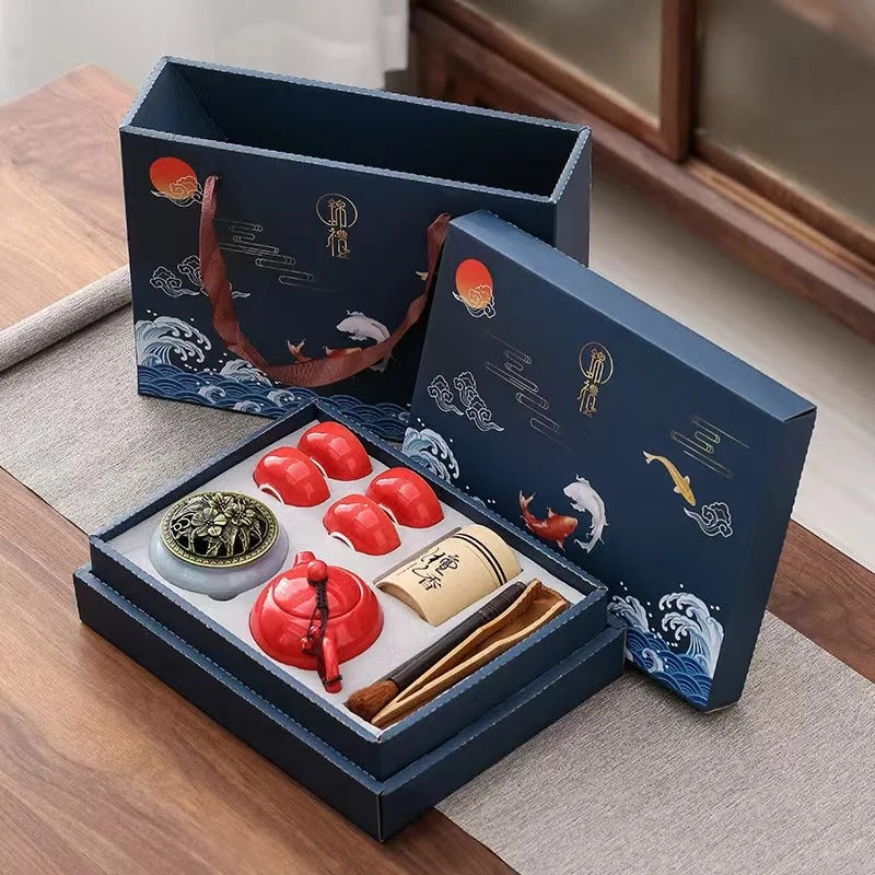 Kagu | Japanese Porcelain 4 piece tea set with Pot Black And Crimson