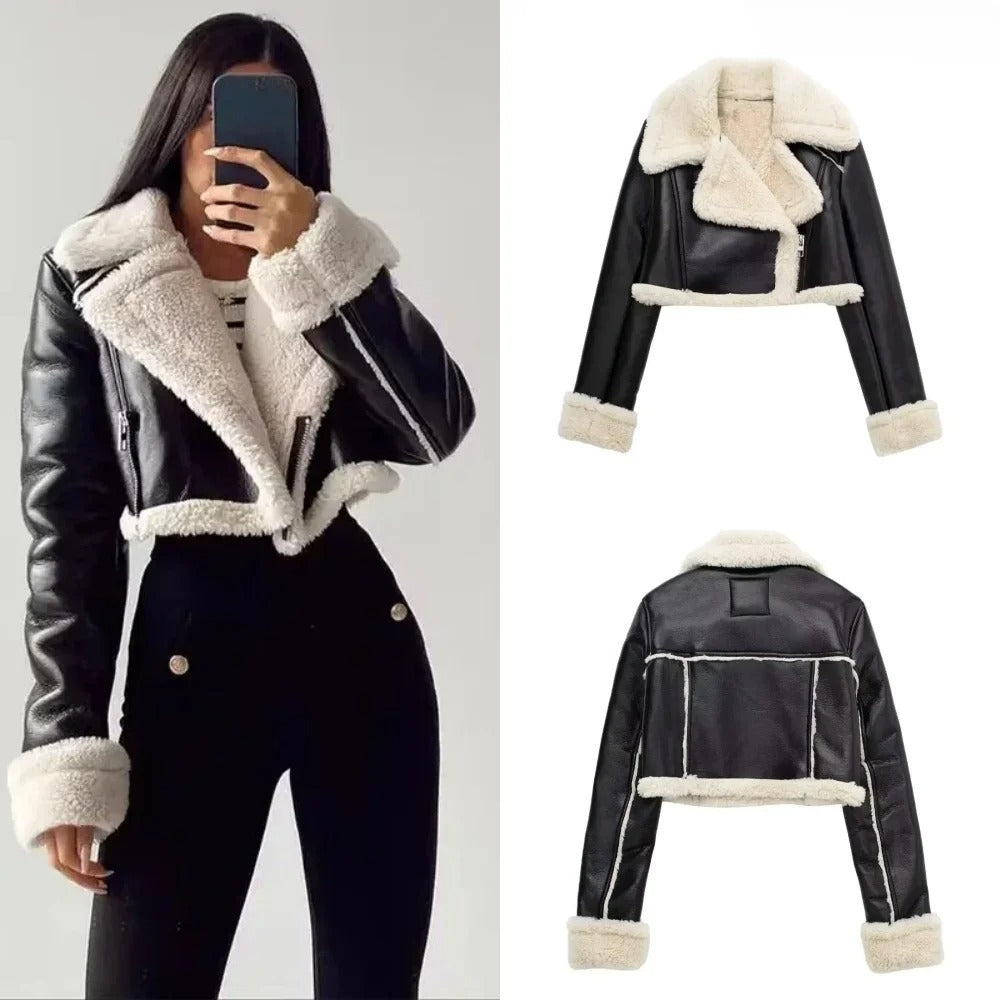 Black | Adrena Cropped Fur Leather Jacket