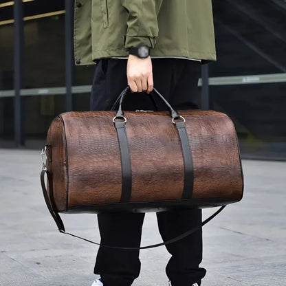 Large Capacity Retro Crocodile-Textured Travel Duffel Bag