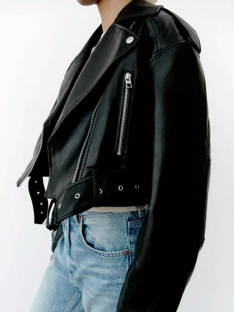 Black | Artemesia Cropped Biker Leather Jacket