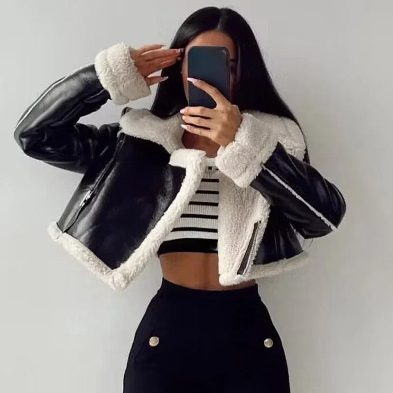 Black | Adrena Cropped Fur Leather Jacket