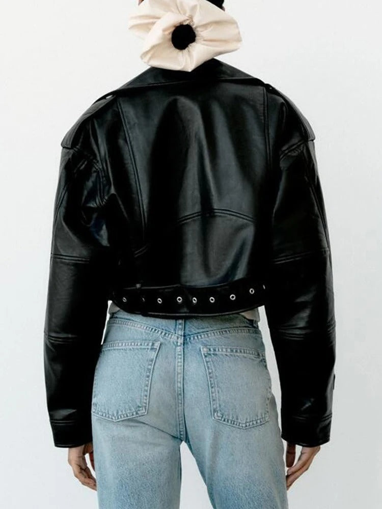 Black | Artemesia Cropped Biker Leather Jacket