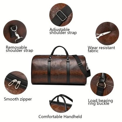 Large Capacity Retro Crocodile-Textured Travel Duffel Bag
