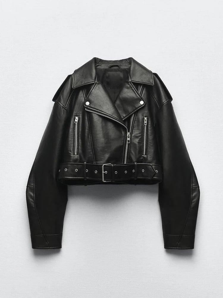 Black | Artemesia Cropped Biker Leather Jacket