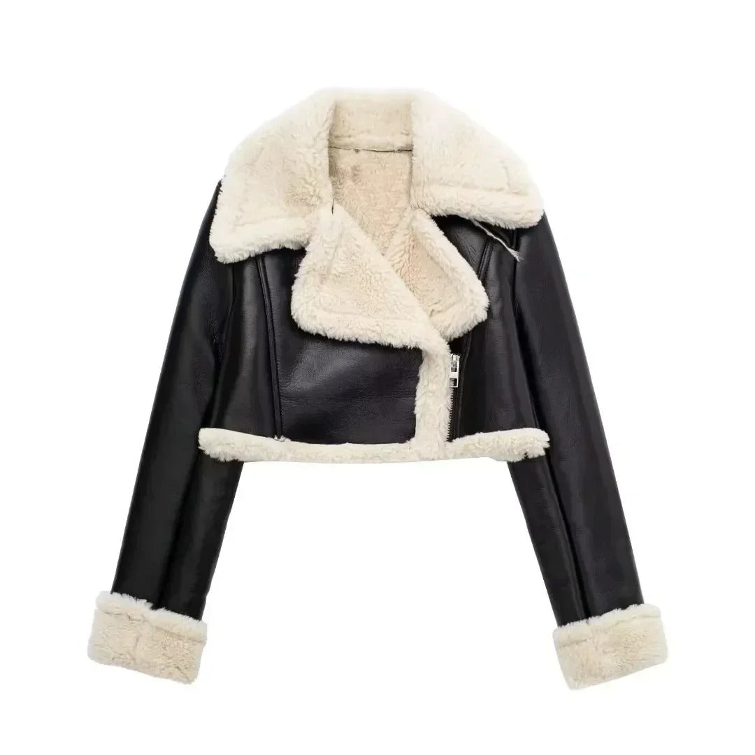 Black | Adrena Cropped Fur Leather Jacket